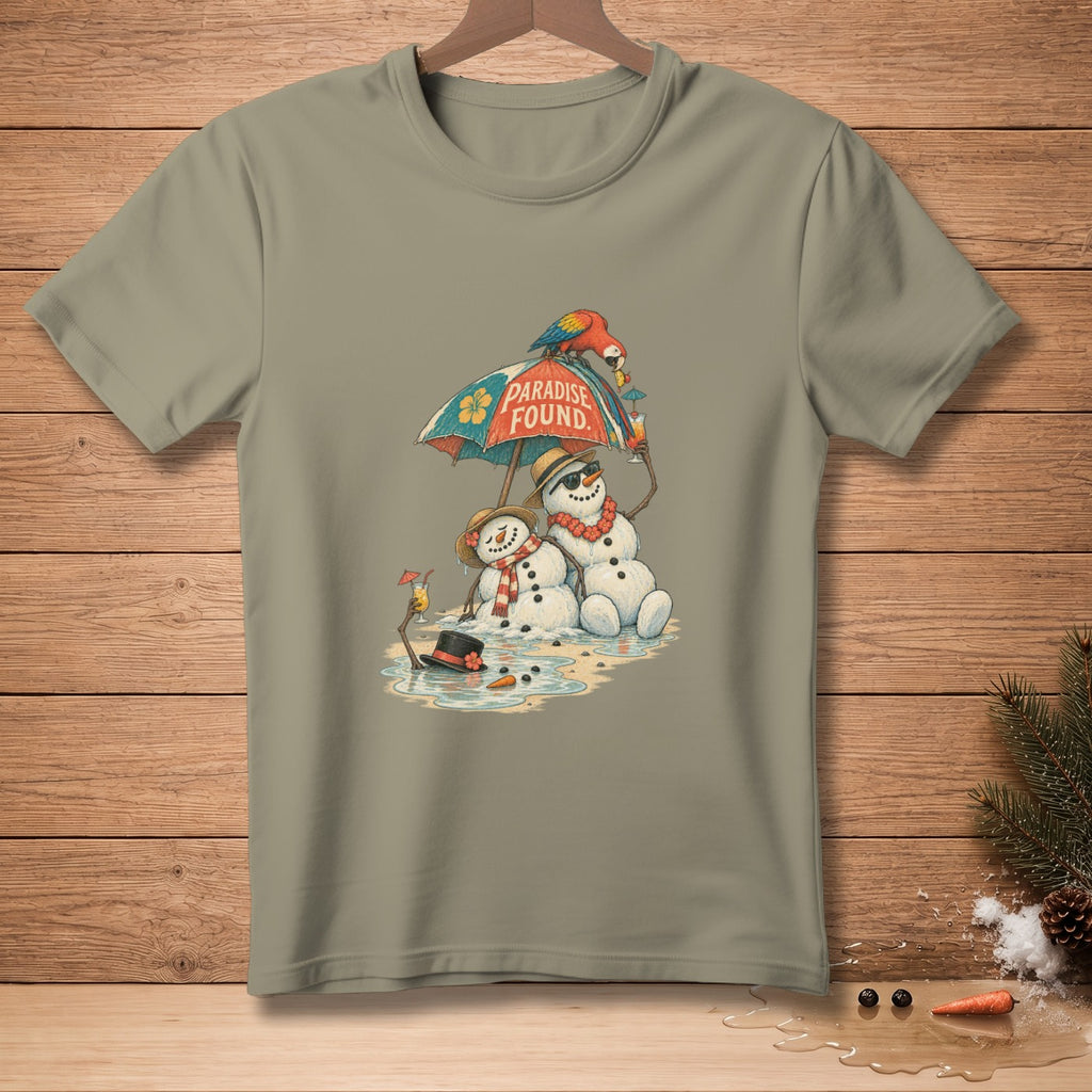 Two snowmen with drinks under an umbrella, text "Paradise Found."