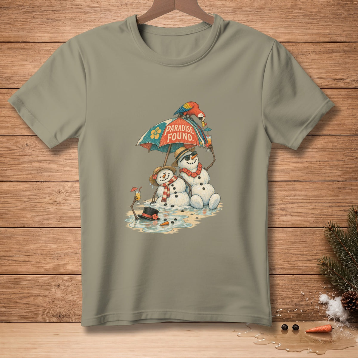 Two snowmen with drinks under an umbrella, text "Paradise Found."