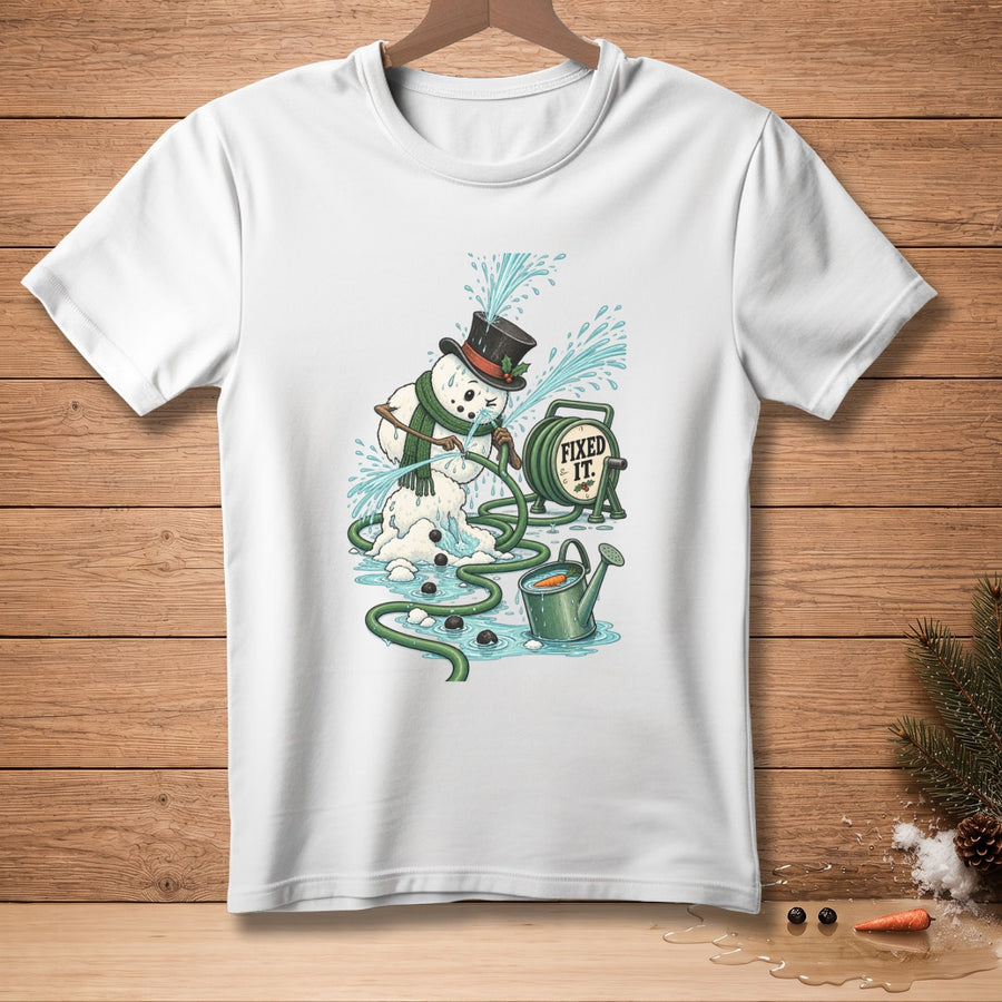Melting snowman with top hat watering himself with a hose labeled "Fixed It."