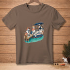 Snowmen in hats and sunglasses board a boat with "ALL ABOARD." text.