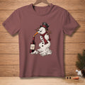 Melting snowman wearing hat and scarf drinking wine from bottle labeled "Improvise."