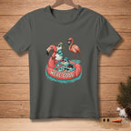 T-shirt with cartoon snowmen and flamingo on inflatable, text "WE'RE GOOD."