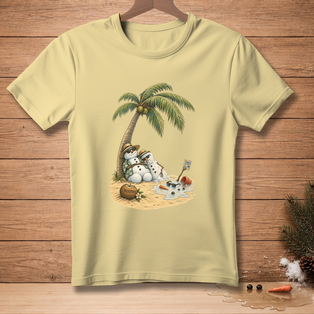 Melting snowmen with sunglasses under a palm tree on a beach with a "reserved" coconut.