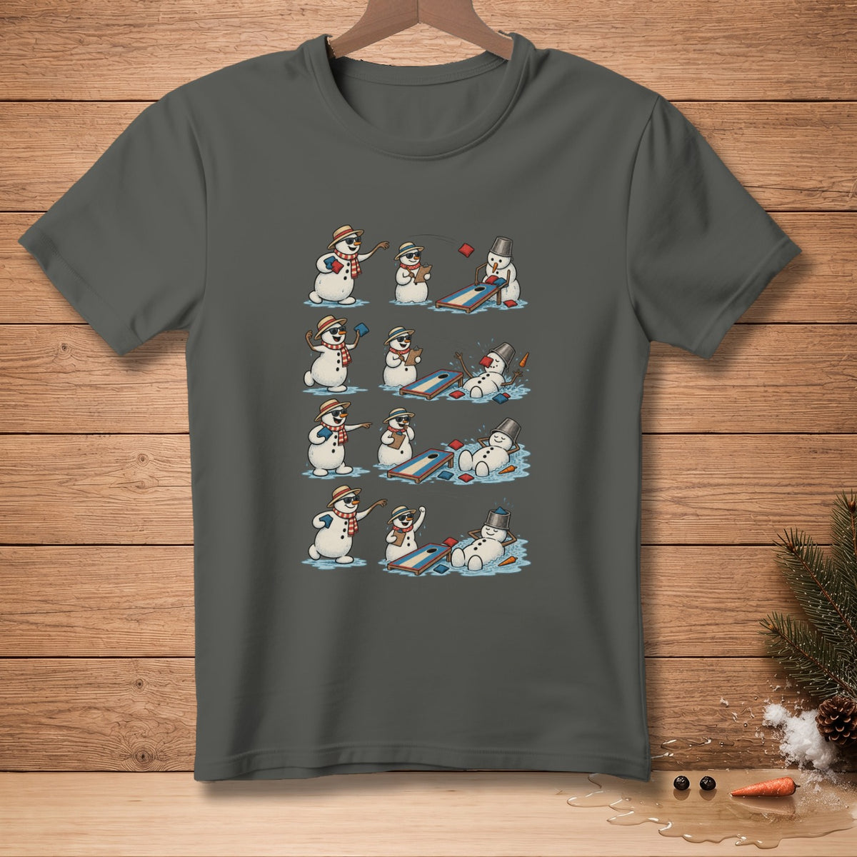Snowmen playing cornhole and melting in the sun in a sequence of illustrations.