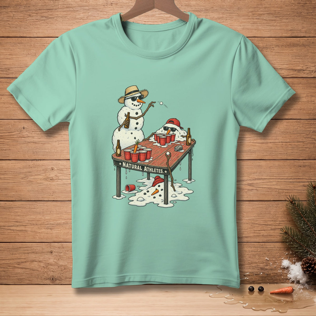 Snowmen playing beer pong with red cups and melted snowmen on a table.