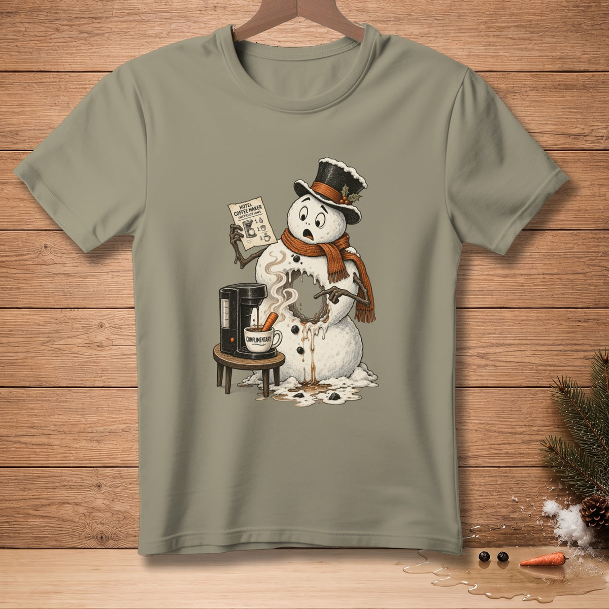 Snowman in a top hat and scarf melting near a coffee maker with instructions.