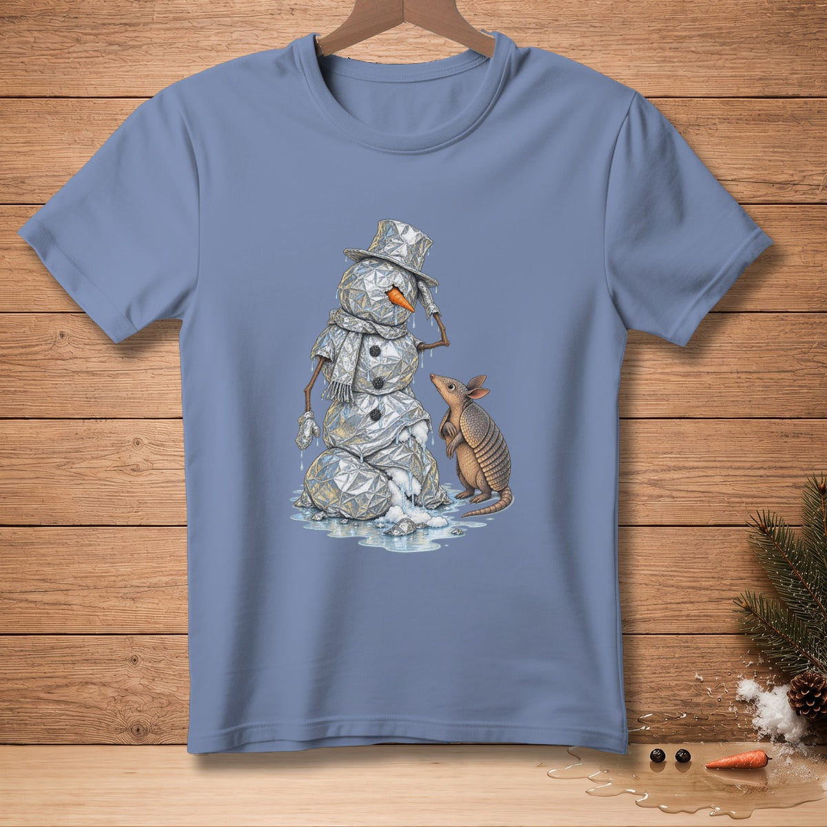 A melting geometric snowman wearing a hat and scarf looks at an armadillo.