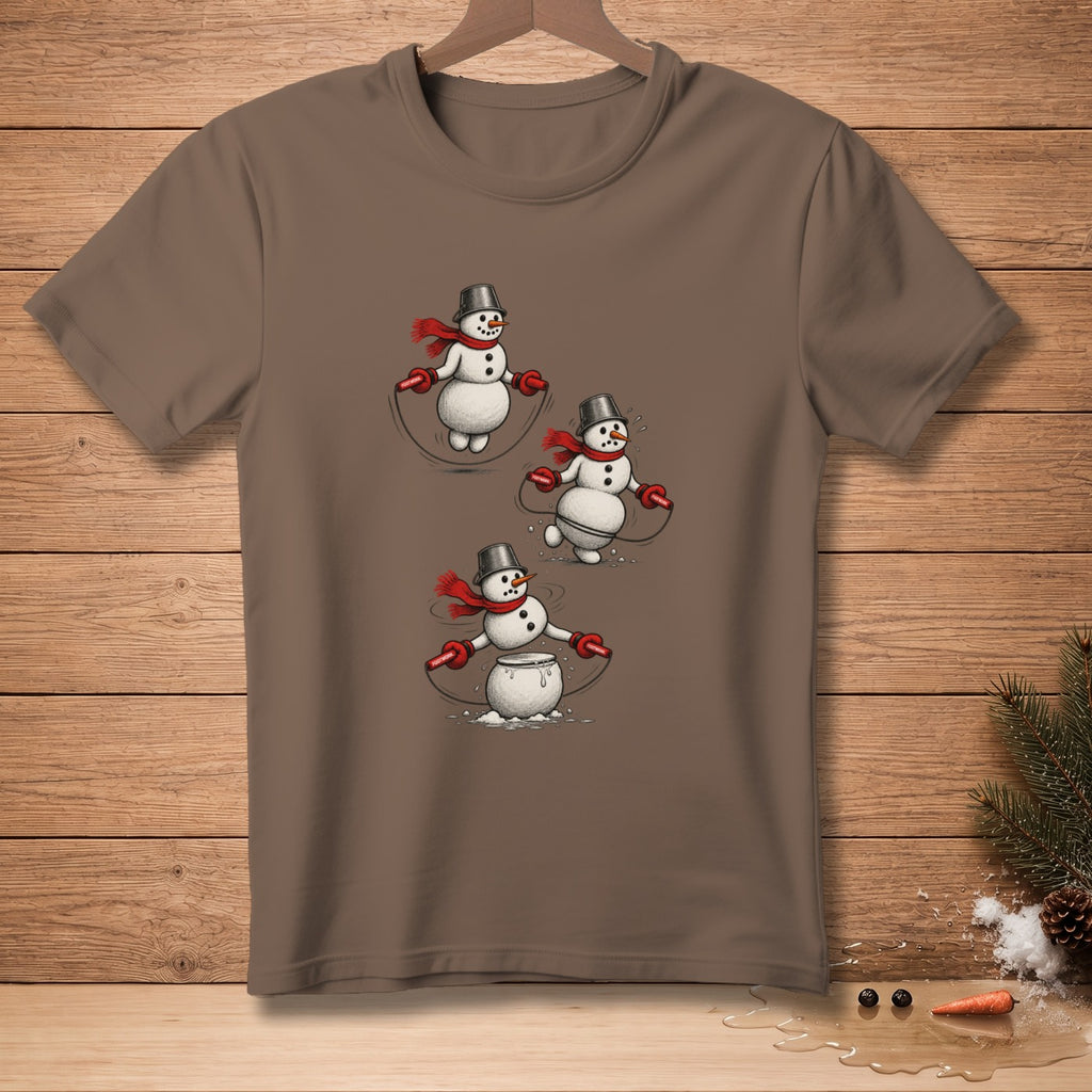 Brown t-shirt with cartoon snowmen jumping rope, one melting.