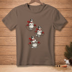 Brown t-shirt with cartoon snowmen jumping rope, one melting.