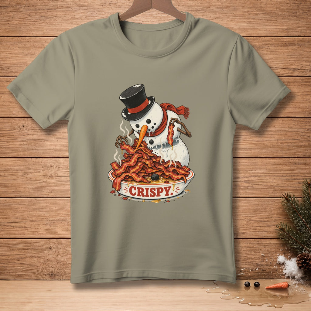 Snowman wearing top hat and scarf eating a bowl of crispy bacon.