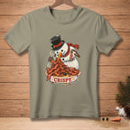 Snowman wearing top hat and scarf eating a bowl of crispy bacon.