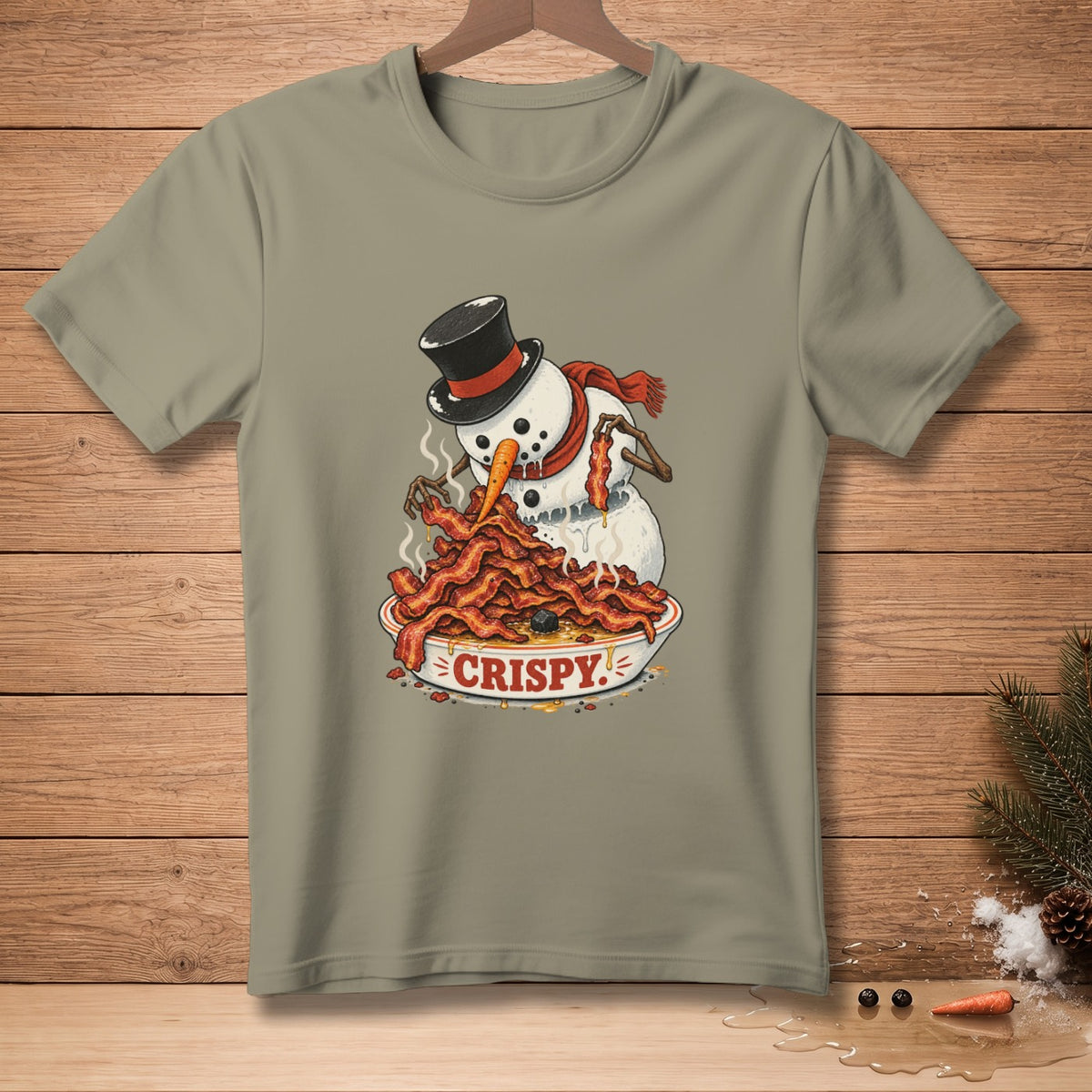 Snowman wearing top hat and scarf eating a bowl of crispy bacon.