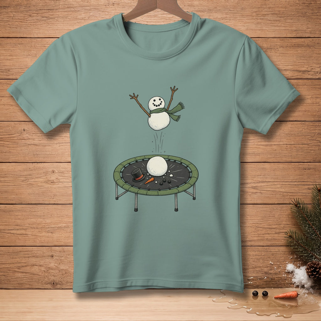 Snowman jumping on trampoline with snowball, carrot, and top hat.
