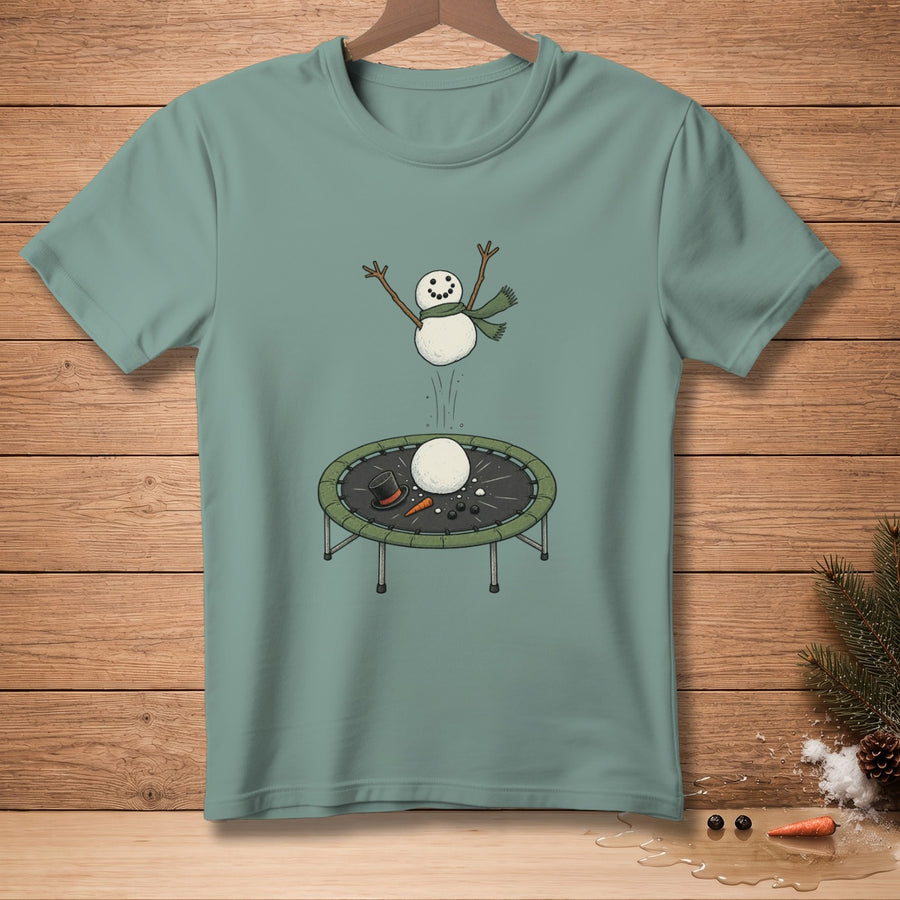 Snowman jumping on trampoline with snowball, carrot, and top hat.