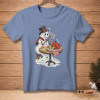 Melting snowman wearing a hat and scarf eats lobster and says "This Feels Personal."