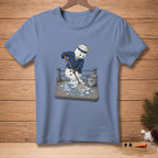 Melting snowman in sailor uniform mops up a puddle, bucket reads "Almost Dry".