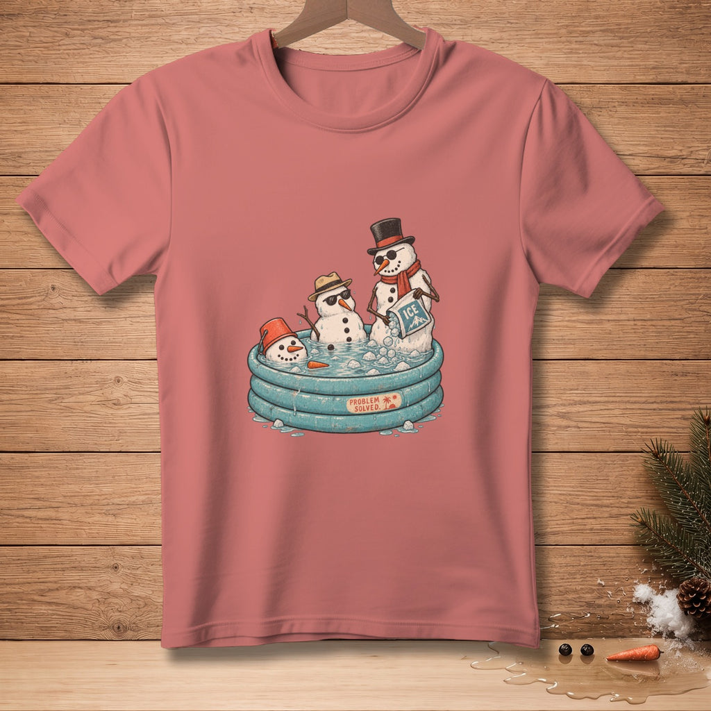 Three snowmen in an inflatable pool with text that says "PROBLEM SOLVED".