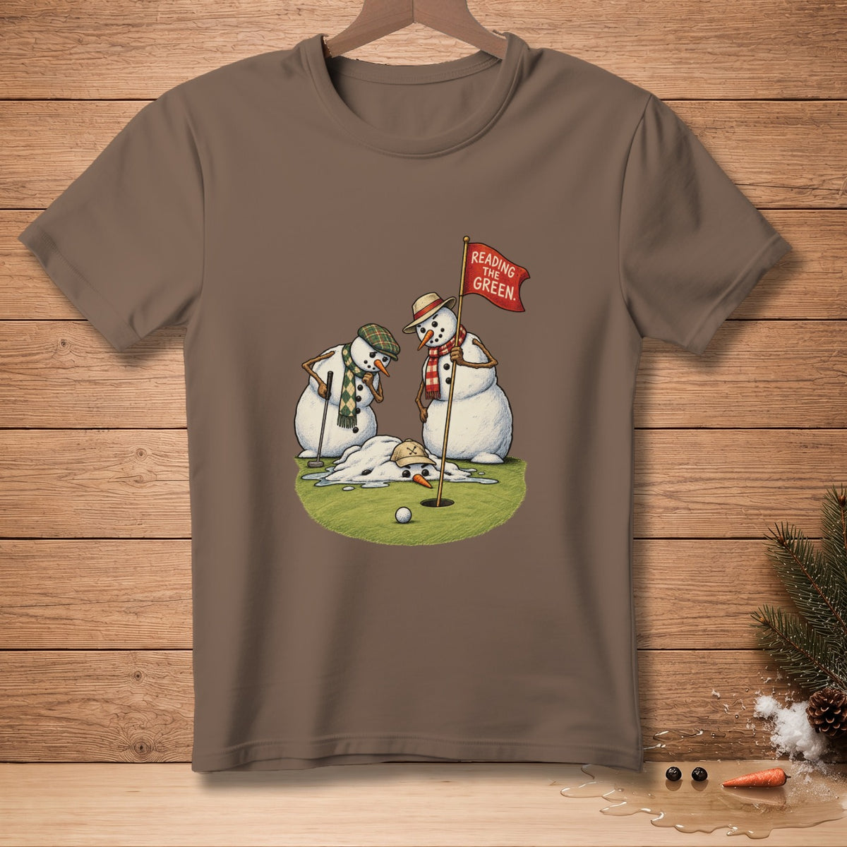 Two snowmen on a golf course reading a flag that says "Reading the Green."