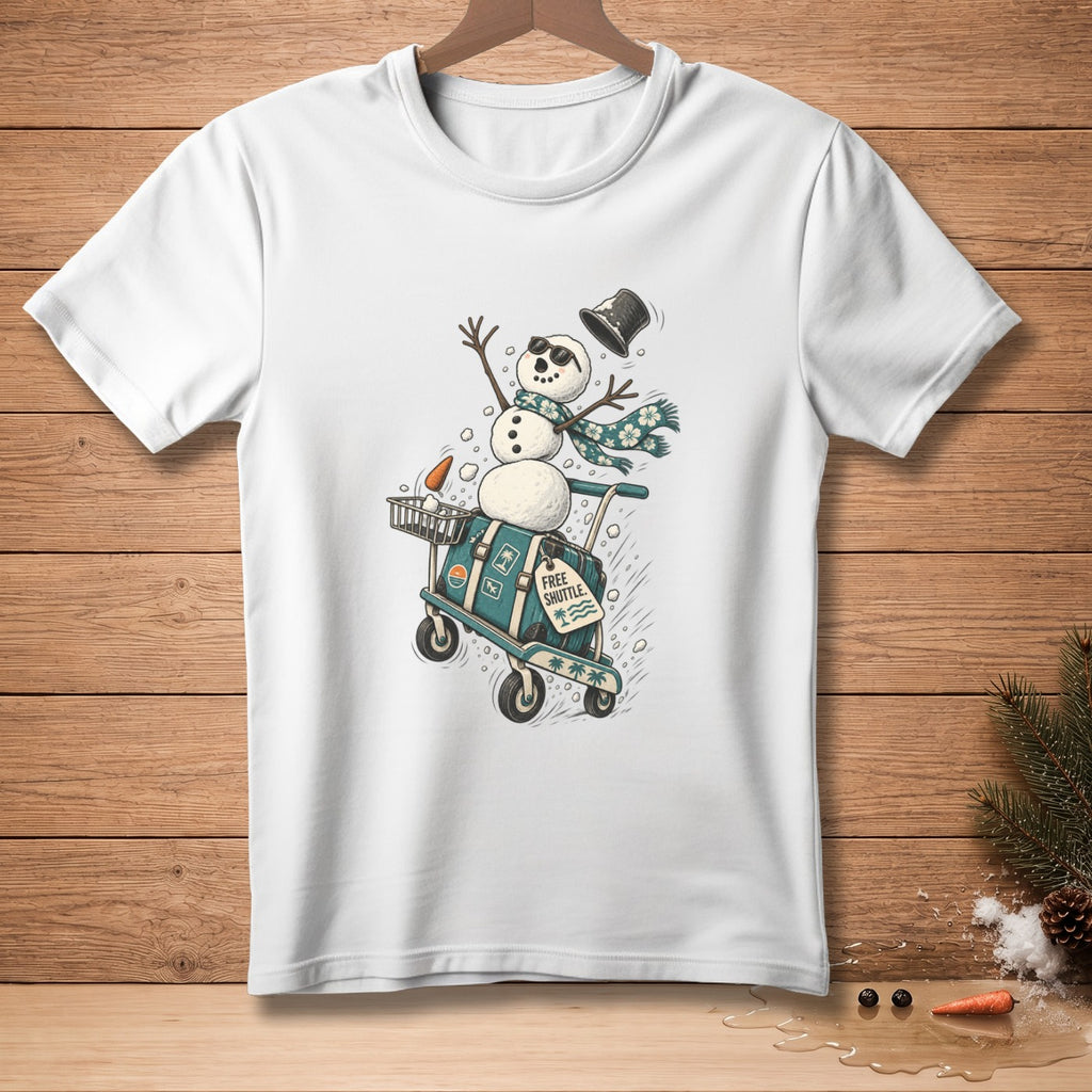 Snowman with sunglasses and scarf riding a luggage cart labeled "Free Shuttle".