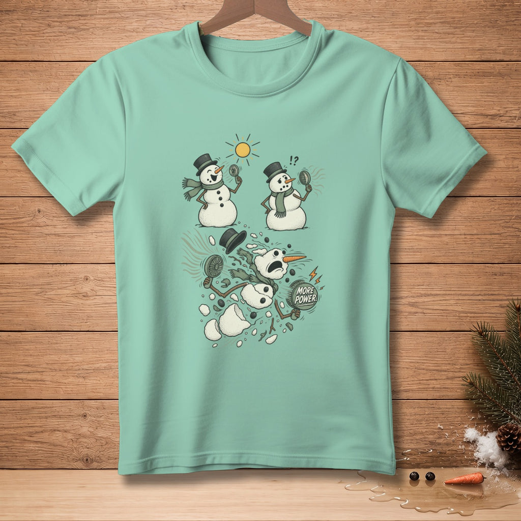 Mint green t-shirt with cartoon of melting snowmen and text "More Power".