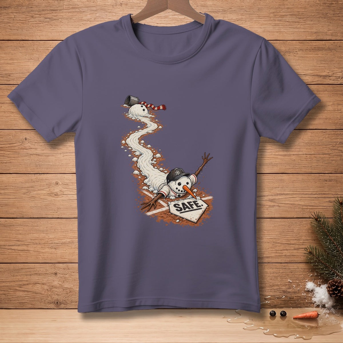 Melting snowman sliding into home plate with "SAFE" text on the base.
