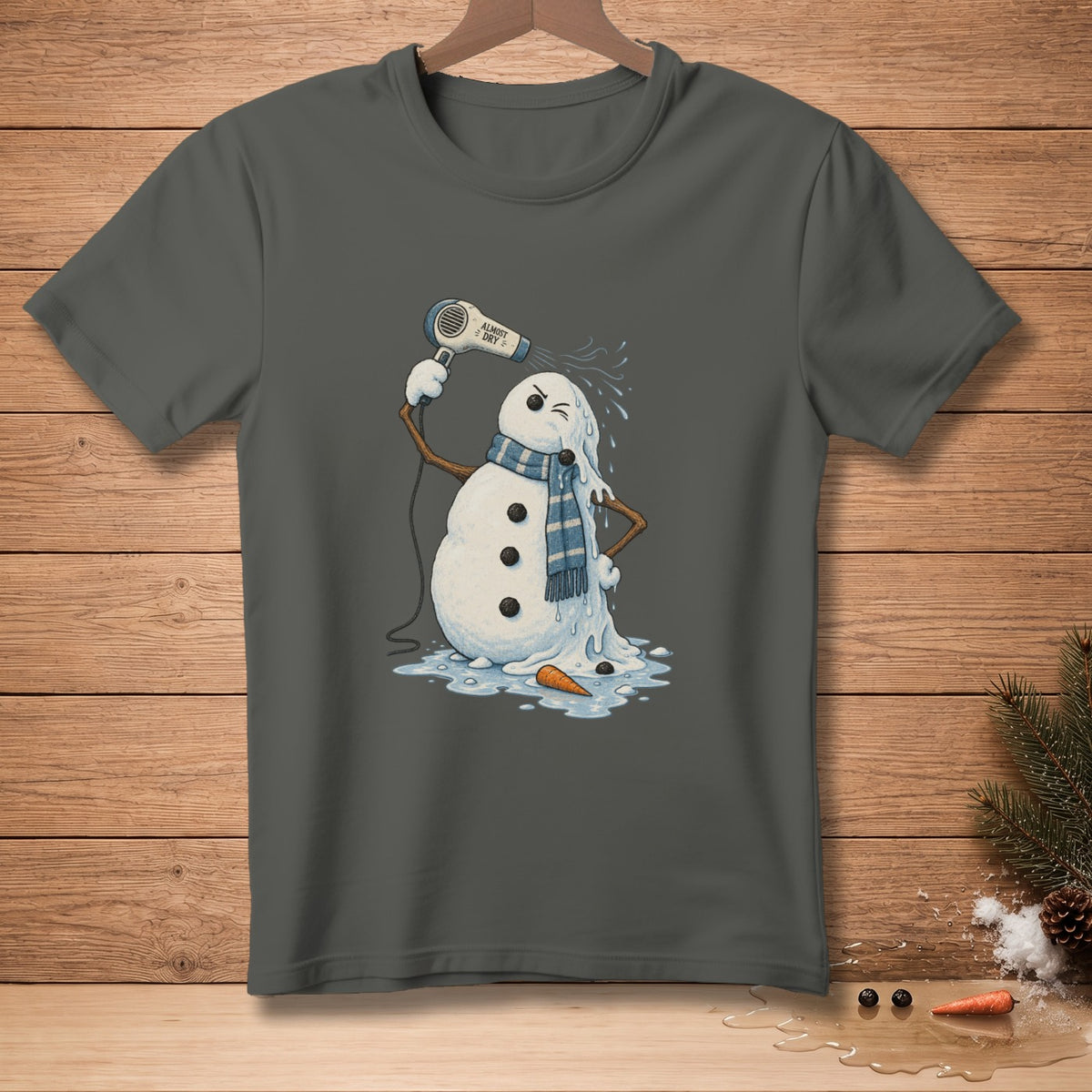 Melting snowman with scarf uses a hairdryer with text "ALMOST DRY".