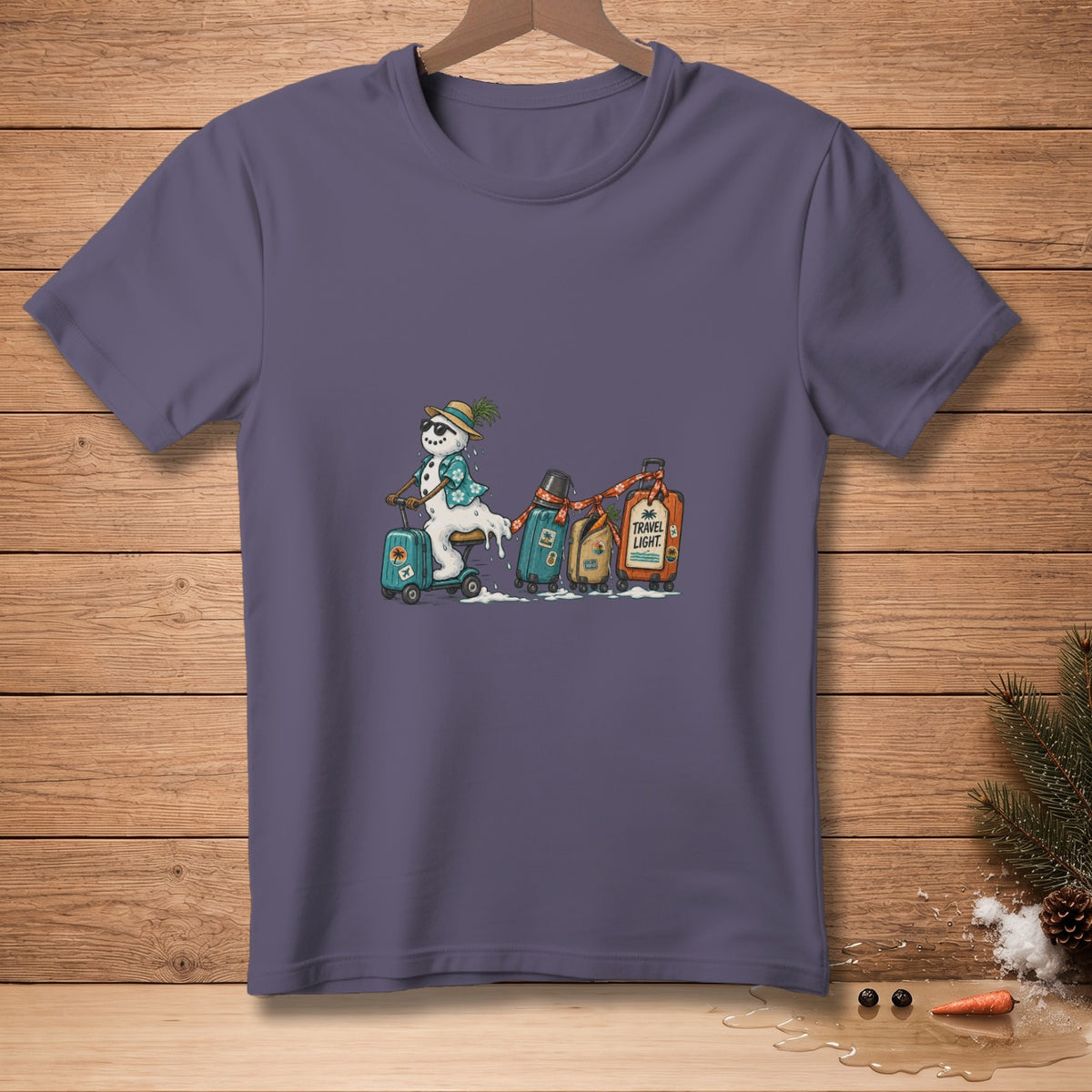 Snowman wearing sunglasses and a straw hat riding a scooter, pulling luggage.