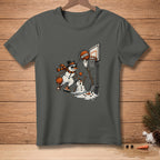 Snowman playing basketball with "DEFENSE" on the ball and melting snowmen.