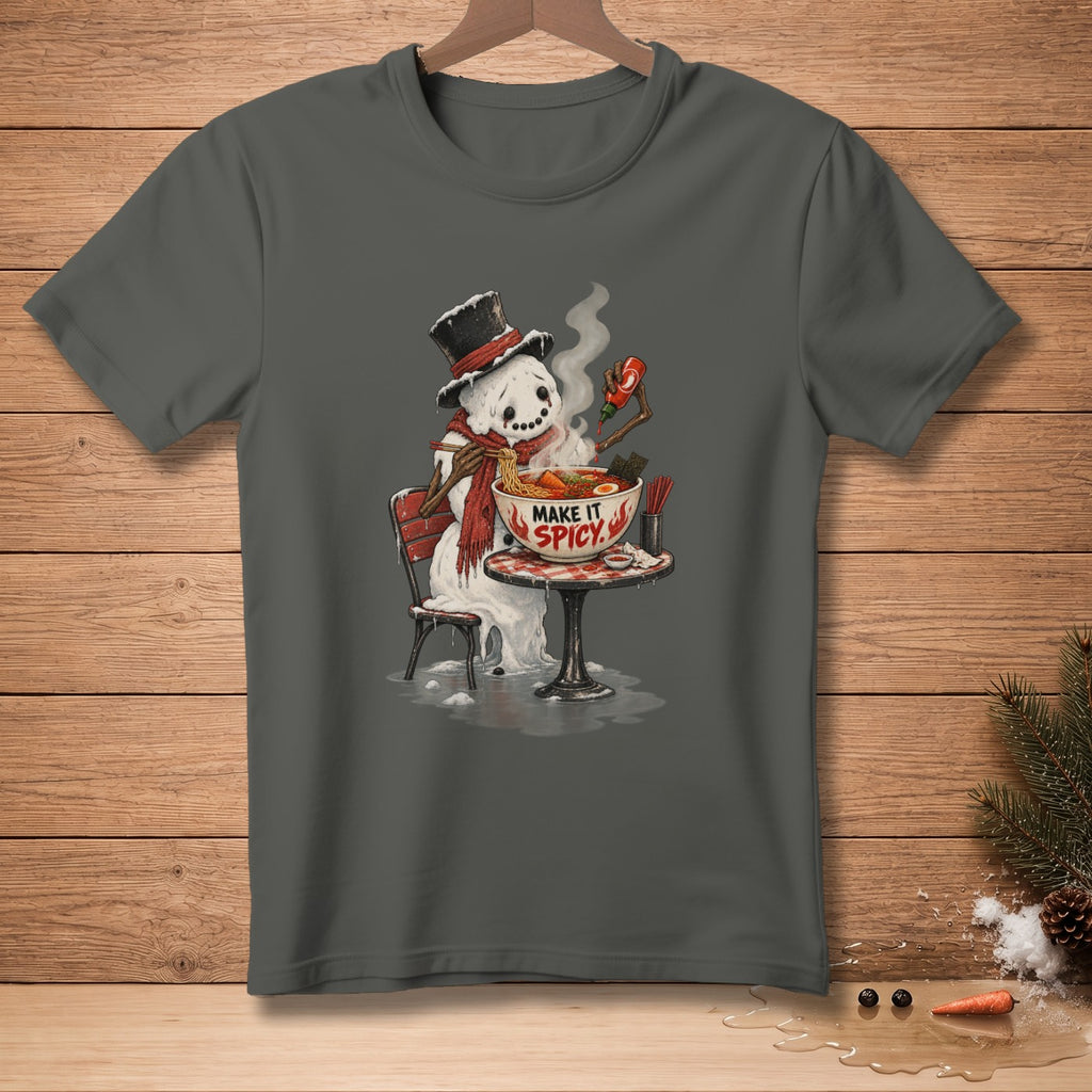 Melting snowman with a top hat and scarf eats ramen with text "Make it Spicy".