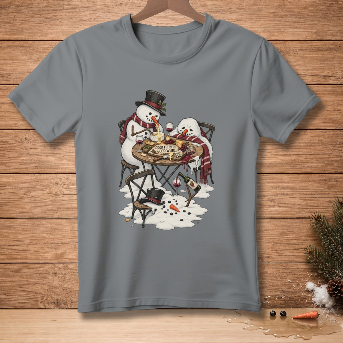 Snowmen with a cheese board and wine, text reads "GOOD FRIENDS, GOOD WINE."