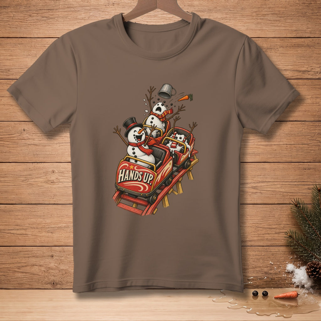 Snowmen on a roller coaster with "Hands Up" text on the cart.