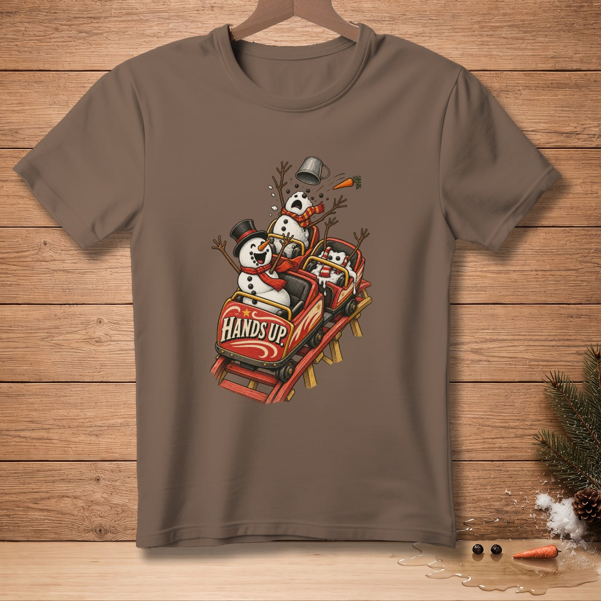 Snowmen on a roller coaster with "Hands Up" text on the cart.