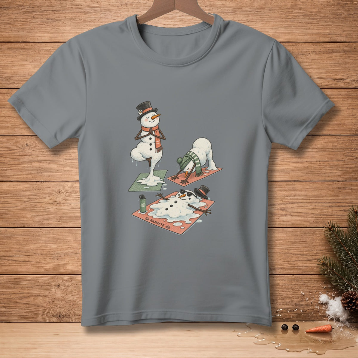 Three melting snowmen doing yoga poses on mats, one labeled "Namaste".