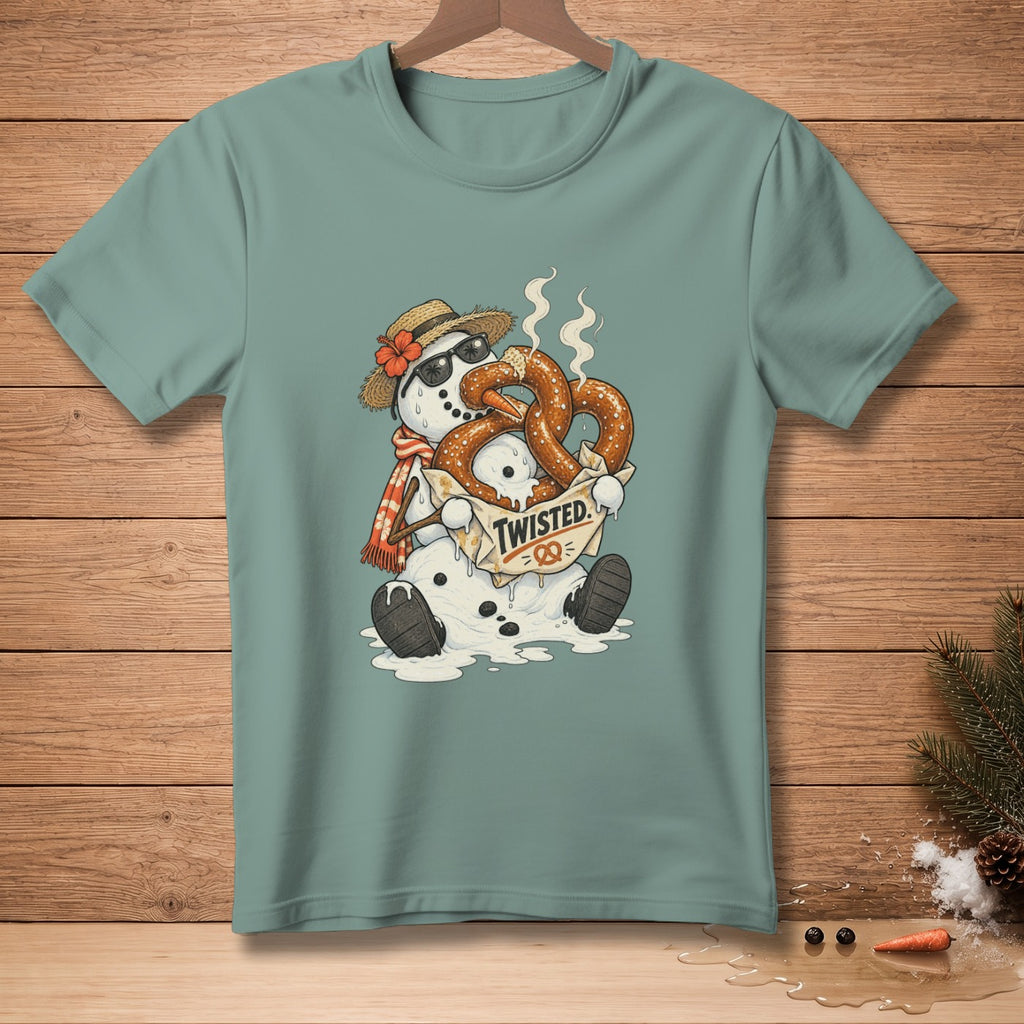 Snowman wearing sunglasses, scarf, and hat eating pretzels with "TWISTED." text.