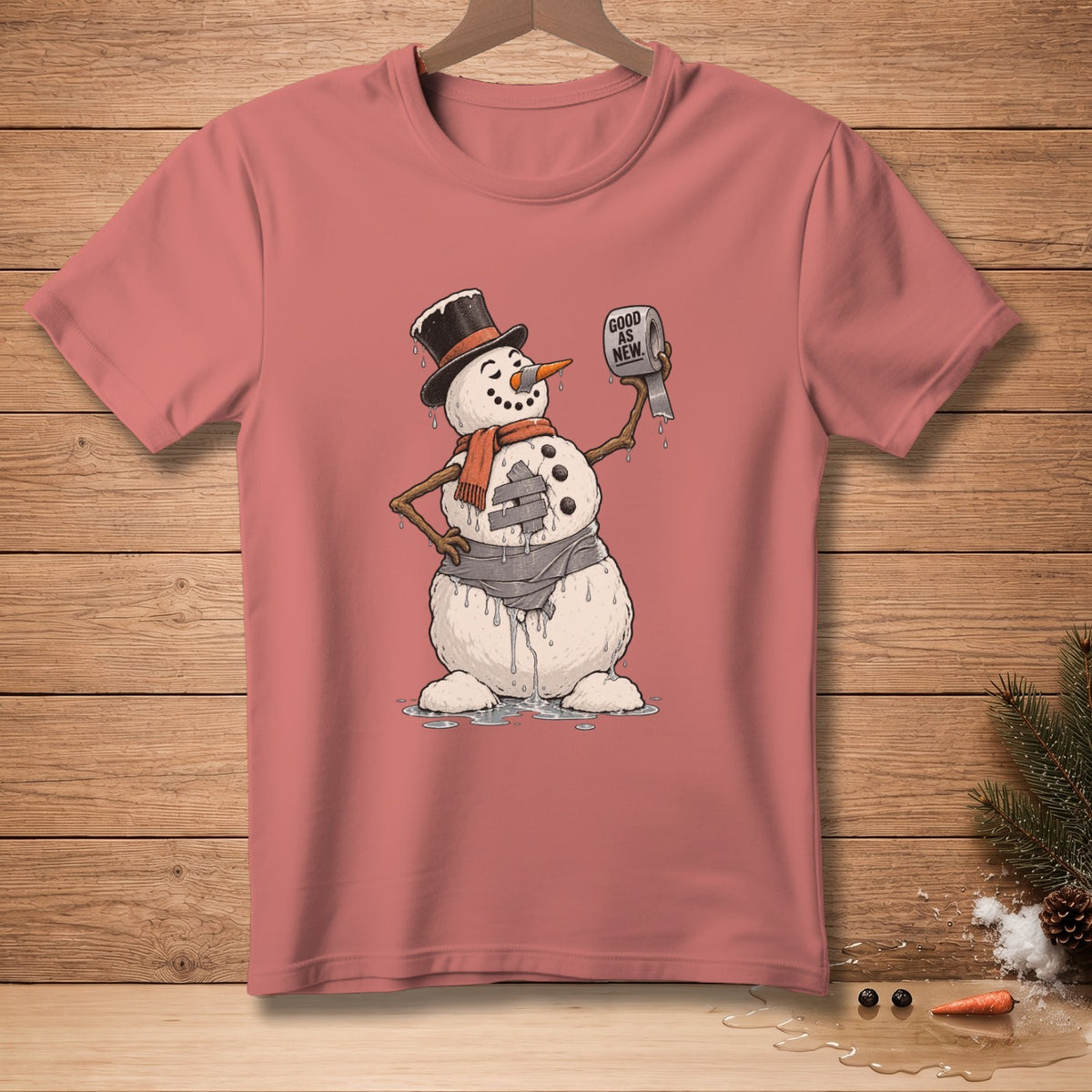 T-shirt with melting snowman holding toilet paper roll that says "Good as New."