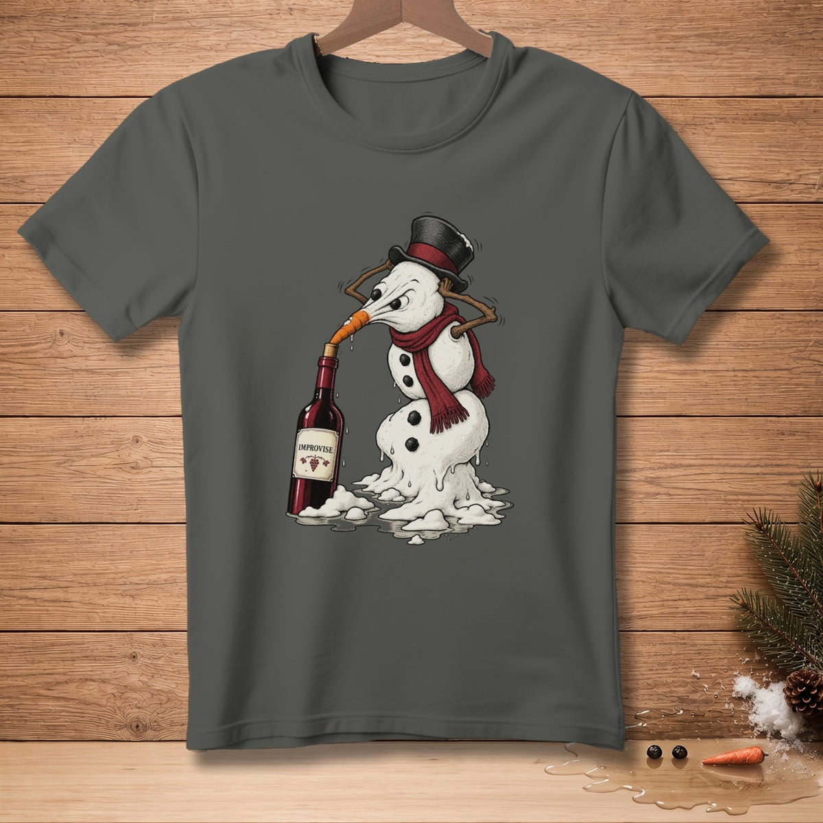 Melting snowman with carrot nose drinking wine from a bottle labeled "Improvise".