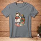 Melting snowman wearing a straw hat, eating watermelon with a toucan and fruit crate.