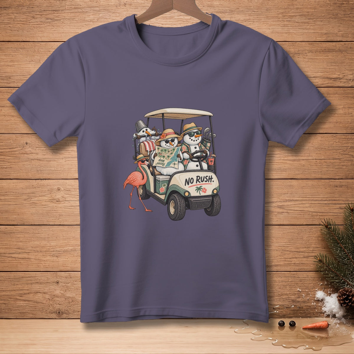 Snowmen in a golf cart with a flamingo and text that says "NO RUSH."