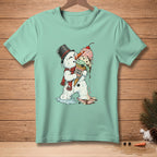 Mint green t-shirt with melting snowman holding melting ice cream cone labeled "Photo Finish".