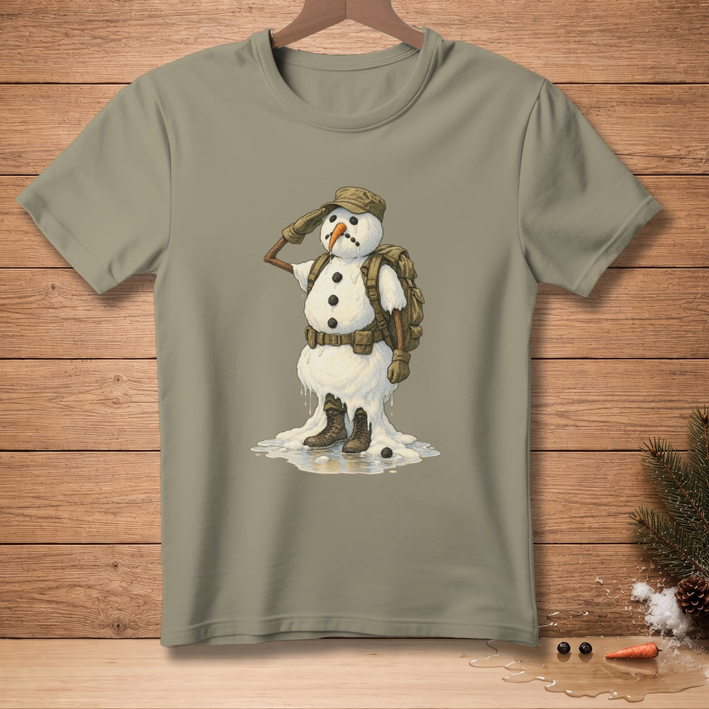 T-shirt with melting snowman saluting, wearing military gear and backpack.