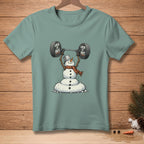 Snowman wearing scarf and top hat lifting barbell with text "LOCK IT OUT"