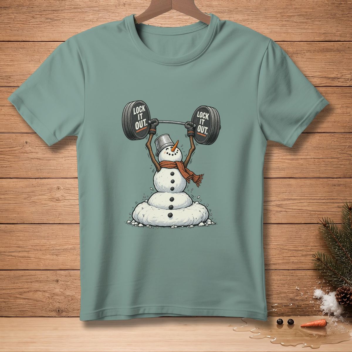 Snowman wearing scarf and top hat lifting barbell with text "LOCK IT OUT"