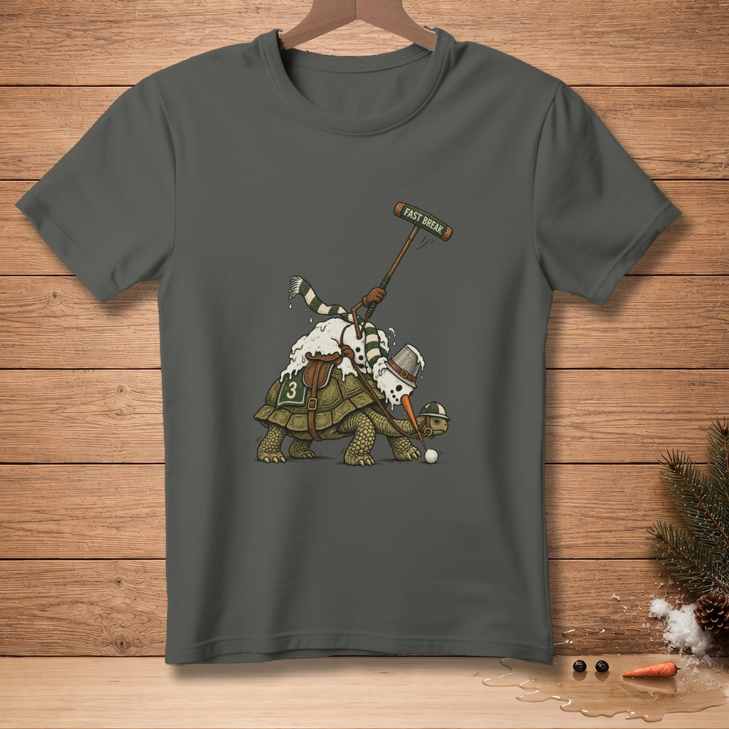 Snowman riding a turtle playing polo with "FAST BREAK" text.