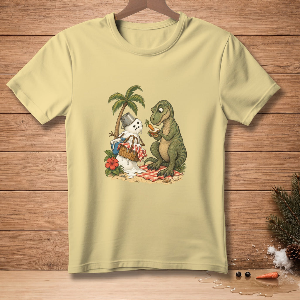 T-rex eating a carrot at a picnic with a melting snowman on a beach.