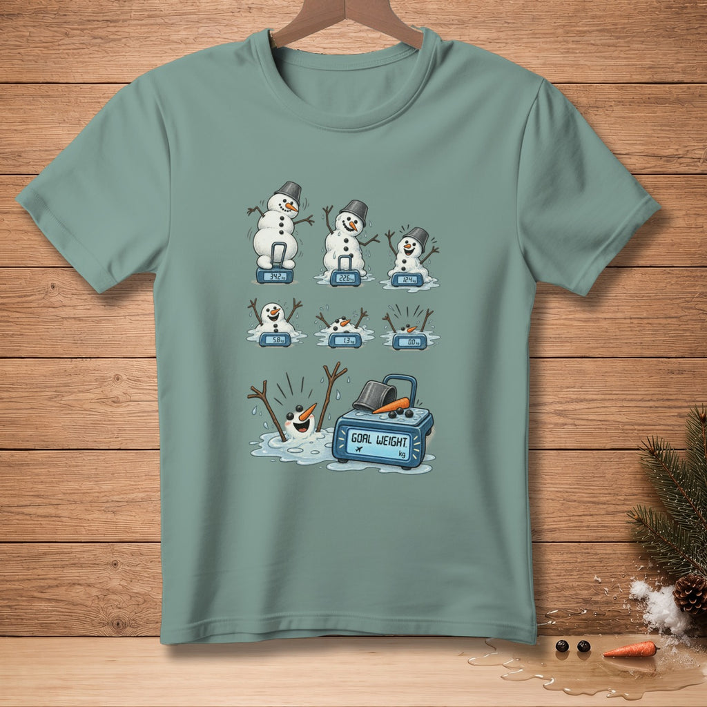 Cartoon snowmen melting on scales beside a "GOAL WEIGHT" scale.