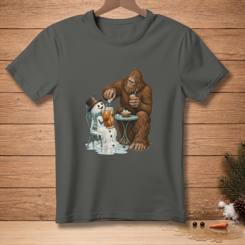 Bigfoot and melting snowman sharing drinks at a table.