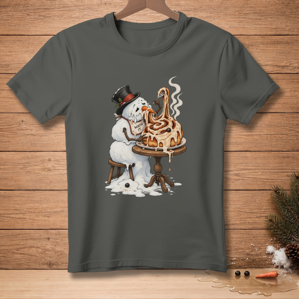Melting snowman in top hat eats giant cinnamon roll with fork, text says "Worth It."