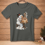 Melting snowman in top hat eats giant cinnamon roll with fork, text says "Worth It."