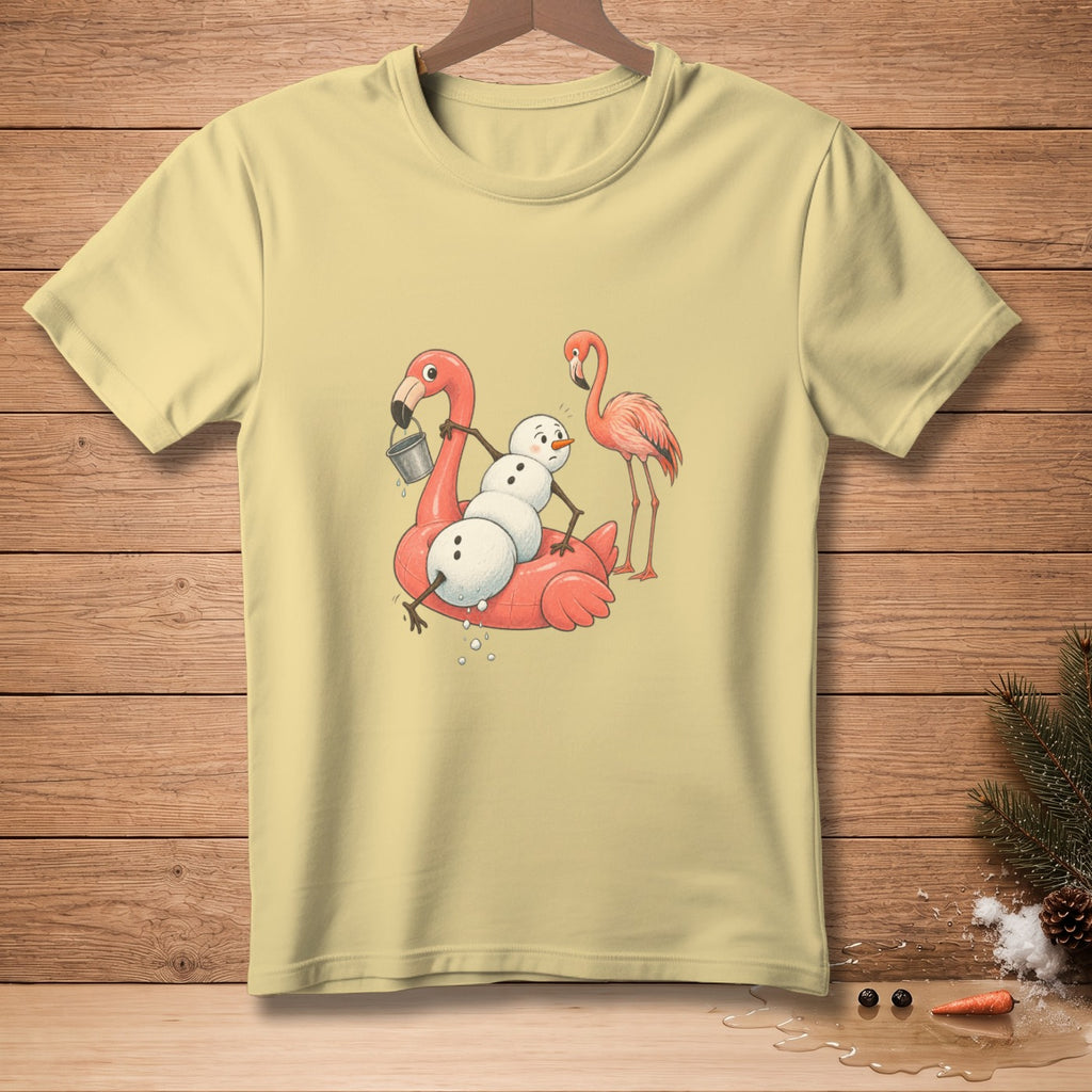 Cream t-shirt with a cartoon of a snowman on a flamingo float and another flamingo.