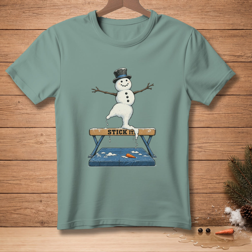 Snowman in top hat performing gymnastics, text "STICK IT".